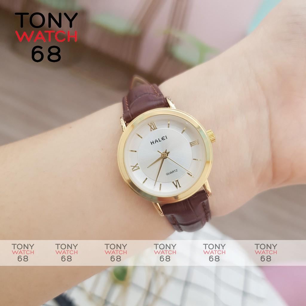 Đồng Hồ Nam Dây Da Nâu Mặt Trắng Viền Vàng Halei Chính Hãng Tony Watch 68