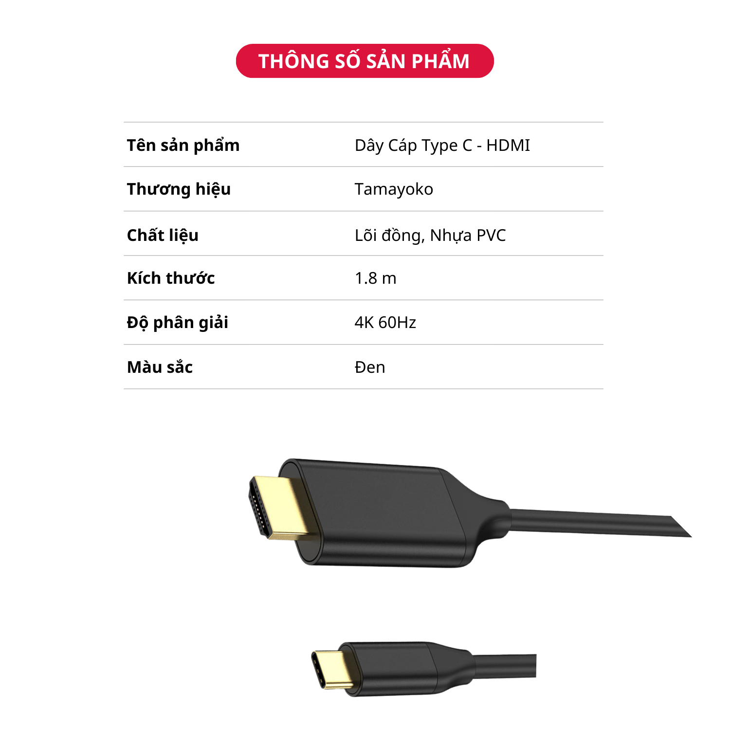 Dây Cáp Type C To HDMI 4K 60Hz Thunderbolt 3 Dài 1.8M - Hàng Chính Hãng Tamayoko