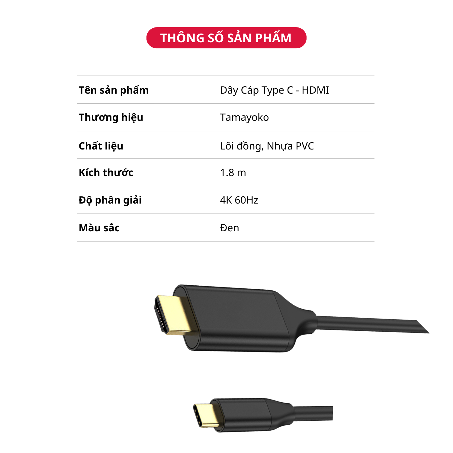 Dây Cáp Type C To HDMI 4K 60Hz Thunderbolt 3 Dài 1.8M  - Hàng Chính Hãng Tamayoko