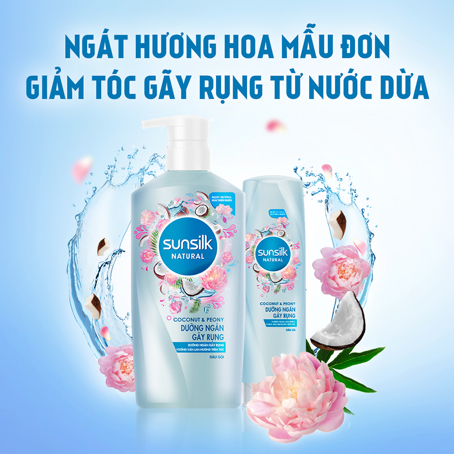 Dầu gội xả Sunsilk Dưỡng Ngăn Gãy Rụng 650gr, 320gr dành cho tóc gãy rụng với dưỡng chất thiên nhiên nước dừa &amp; hoa mẫu đơn