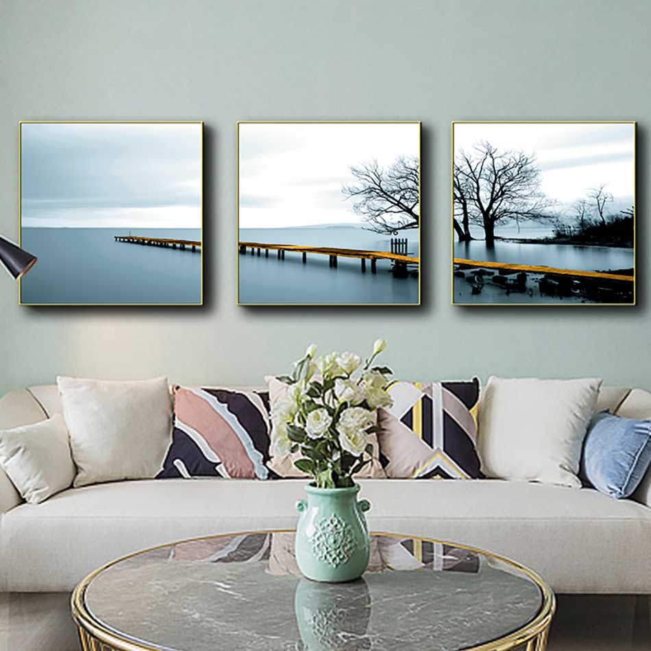 Bộ 3 tranh canvas treo tường Decor Họa tiết cây cầu trên biển - DC210