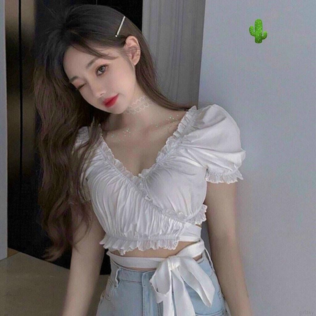 Áo kiểu croptop nữ đẹp ôm body tay ngắn cổ V thắt nơ phong cách hàn quốc cực dễ thương mẫu mới thời trang 2021-A19