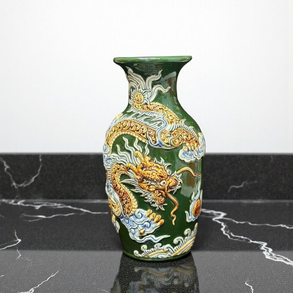 Bộ sứ men xanh lá Rồng Việt -Gốm Bát Tràng, tinh xảo và sang trọng với họa tiết Rồng Phượng đắp nổi