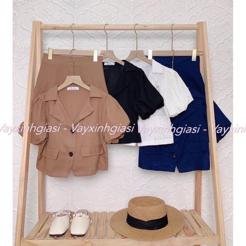 Set croptop áo sơmi cổ vest tay bồng kèm chân váy
