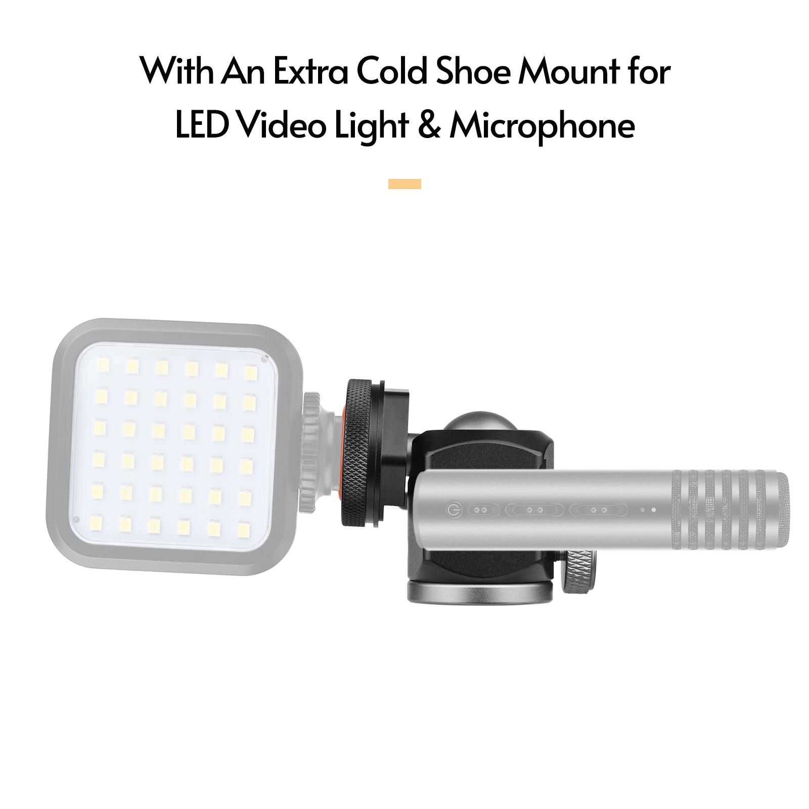 2-in-1 360° Rotatable Dual Use Ball Head Cold Shoe Mount Mini Ball Head with 1/4 Screw Extra Cold Shoe Mount