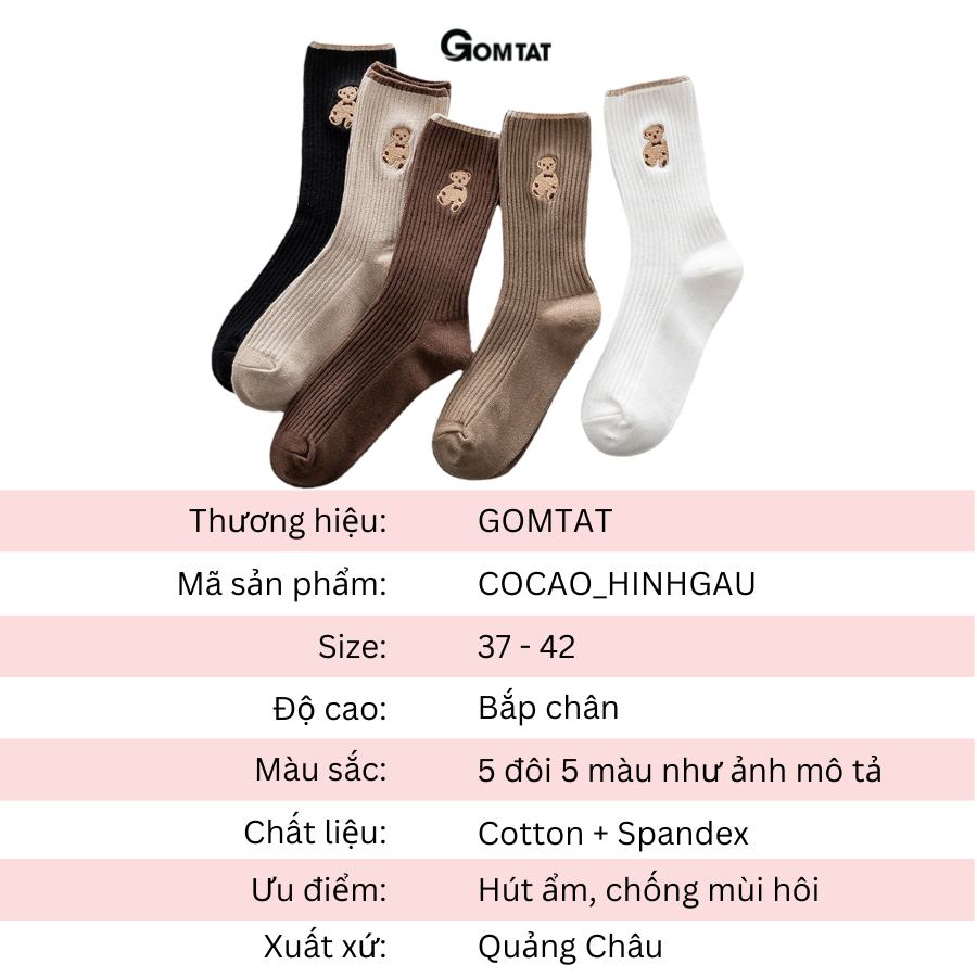 Set 5 đôi tất vớ nữ cổ cao GOMTAT mẫu hình gấu cao cấp, chất liệu dày dặn, hút ẩm, thoáng khí chống mùi - COCAO-HINHGAU