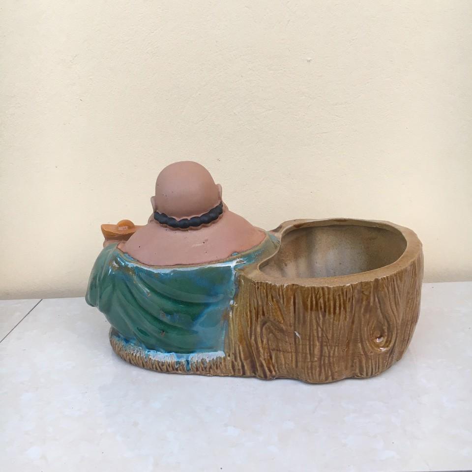 Chậu tượng Di lạc cầm thỏi vàng men rạn và men xanh ngọc gốm Bát tràng 1 size CT-32