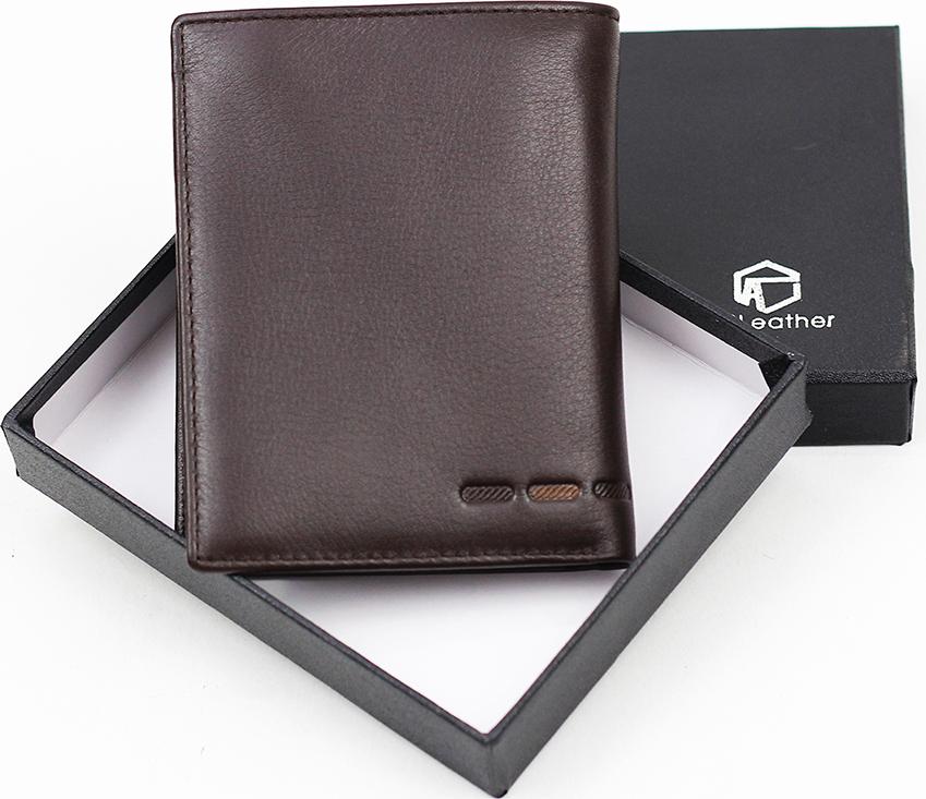 Ví đứng da bò nam cao cấp AT Leather 062 (12 x 9.5 cm) - Nâu