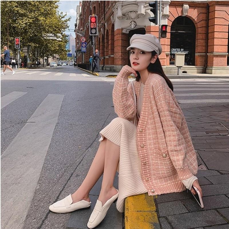Hàng Sẵn_Áo khoác len dệt kim sọc ca rô áo len phong cách retro Hồng Kong