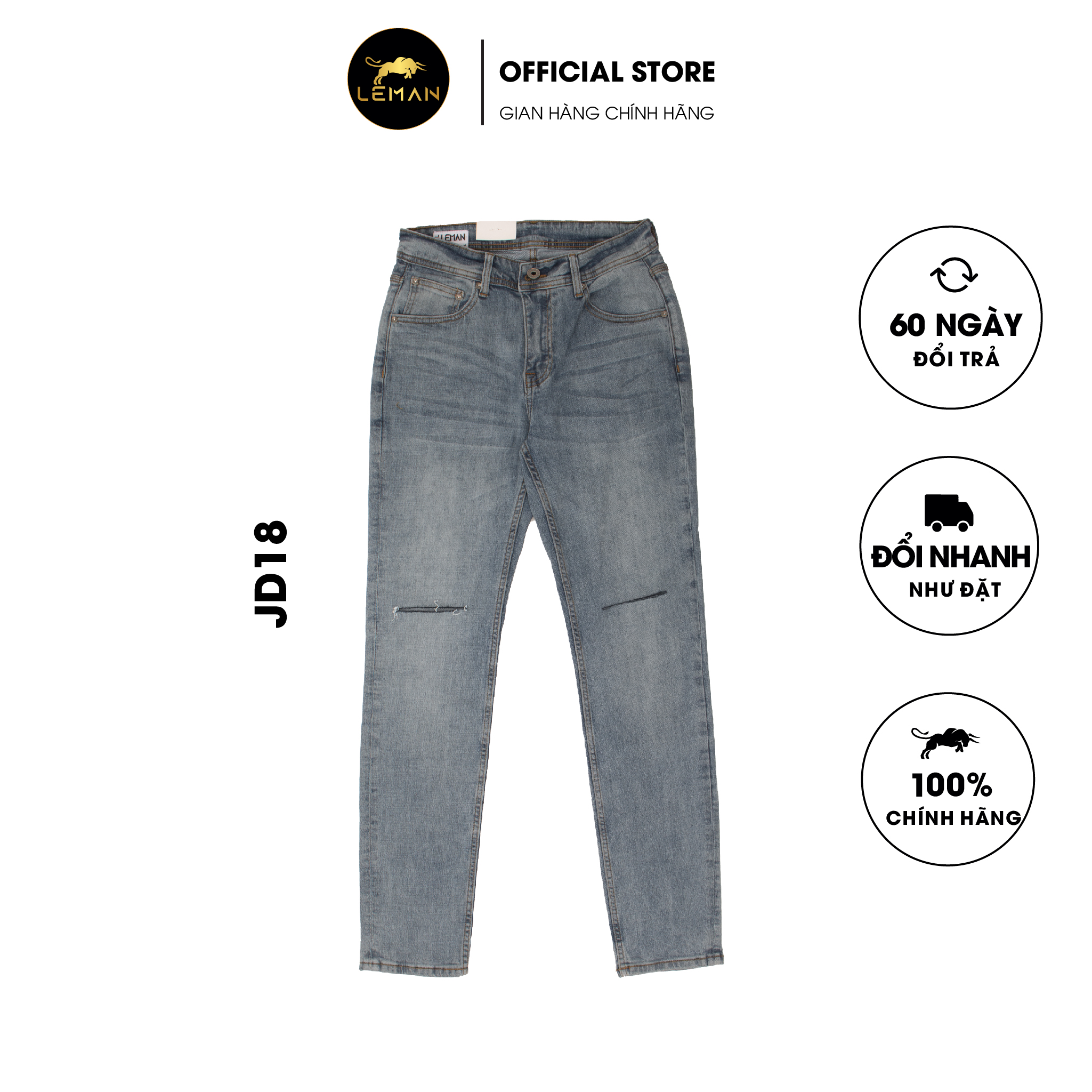 Quần Jean nam Leman xanh bạc rách JD18 - Slim Form