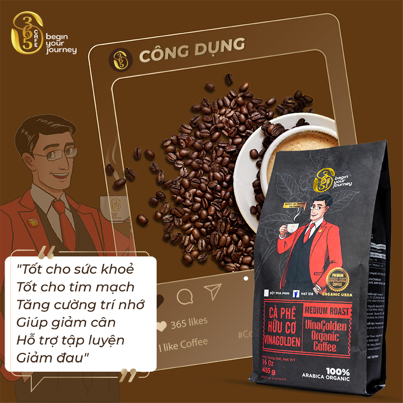 Cà phê hữu cơ VinaGolden 100% Arabica Organic 365 CAFE rang xay nguyên chất, pha phin, pha máy VGO365