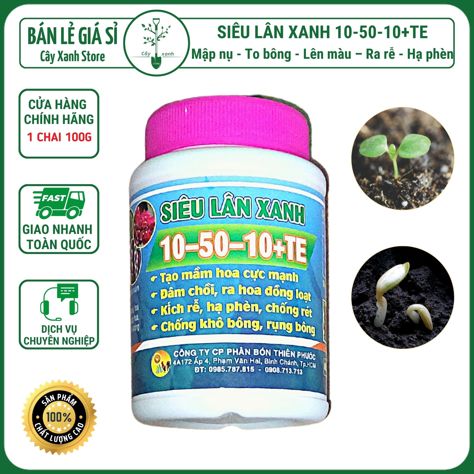 Phân bón lá NPK Siêu Lân Xanh 10-50-10+TE Hủ 100g - Mập nụ, To bông, Ra rễ, Hạ phèn - Cây Xanh Store