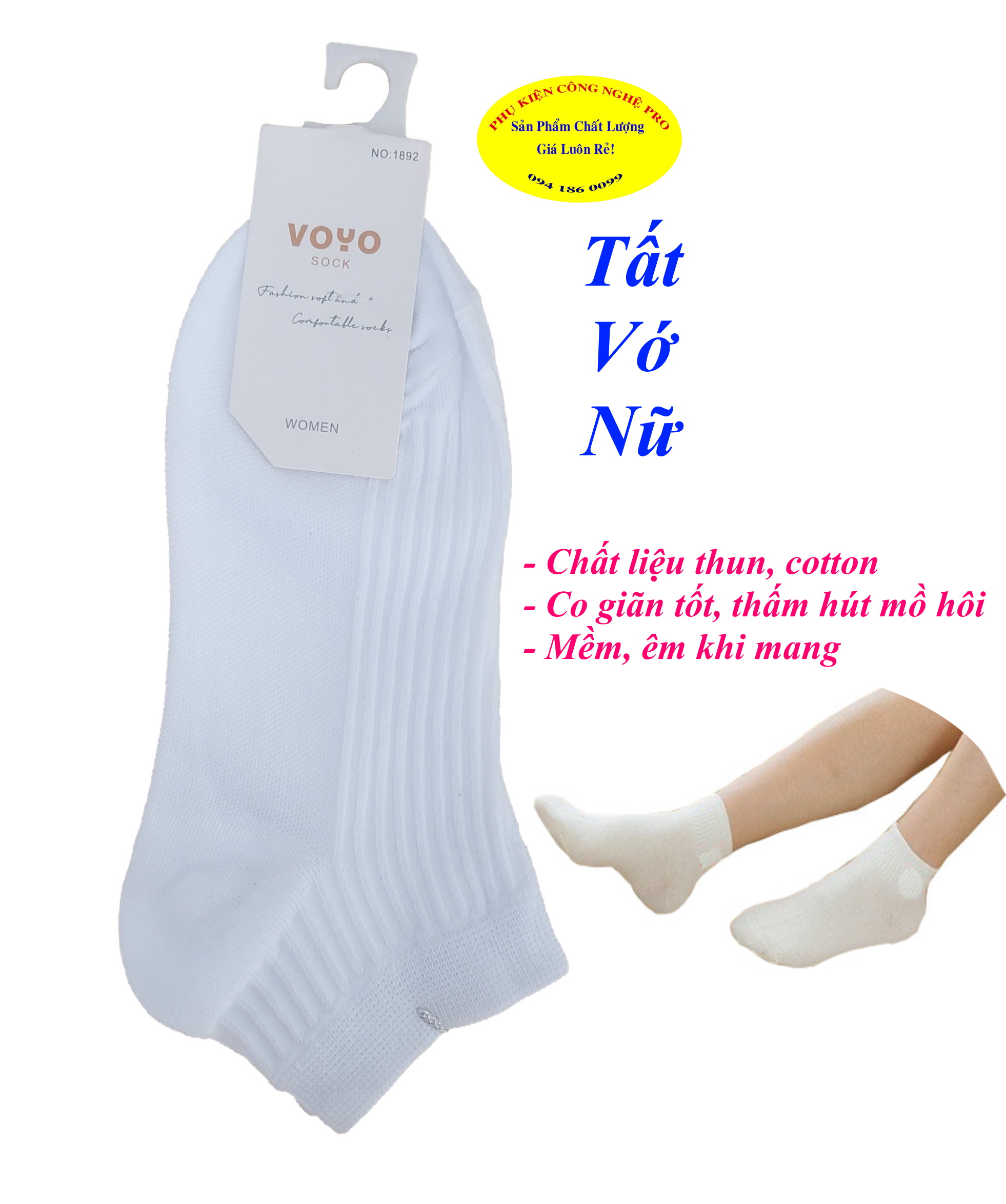 Tất vớ nữ Kiểu cổ ngắn Voyo Sock Women Chất liệu thun cotton co giãn, Mềm mại, Bảo vệ đôi chân Sx tại VN