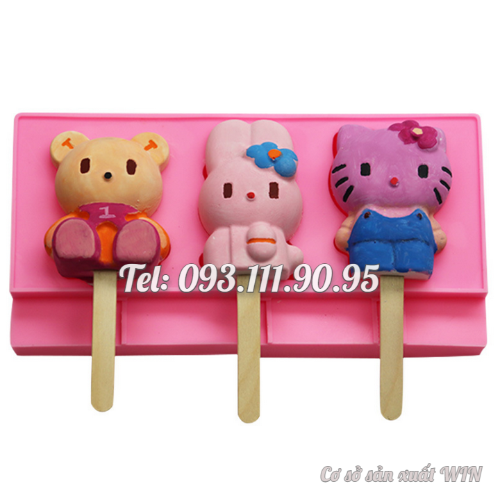 Khuôn silicon làm rau câu, làm kem, socola 3 con thỏ, mèo Kitty, gấu con – Mã số 1422