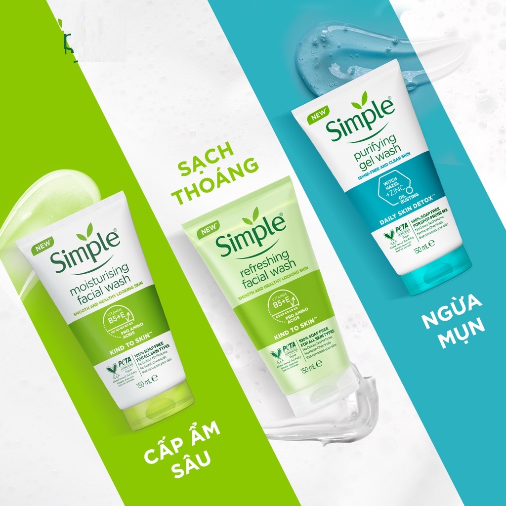 Combo Sữa rửa mặt Simple giúp kiềm dầu và ngừa mụn hiệu quả - cho da mụn nhạy cảm 150ml + Nước hoa hồng Simple 200ML