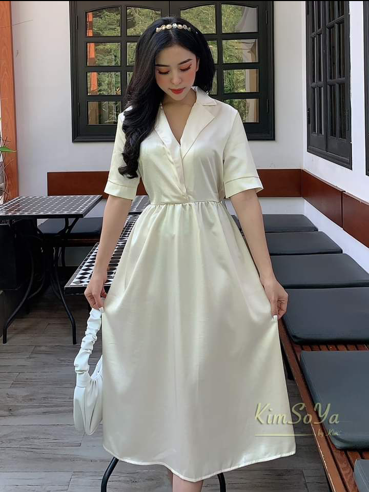 Đầm phi lụa cổ sơ mi form dài chất vải đẹp sang có chun sau lưng