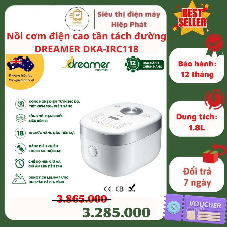 Nồi cơm điện cao tần tách đường DREAMER DKA-IRC118 1.8L, công nghệ vi áp, lòng nồi hợp kim gang, 18 chức năng - Hàng nhập khẩu