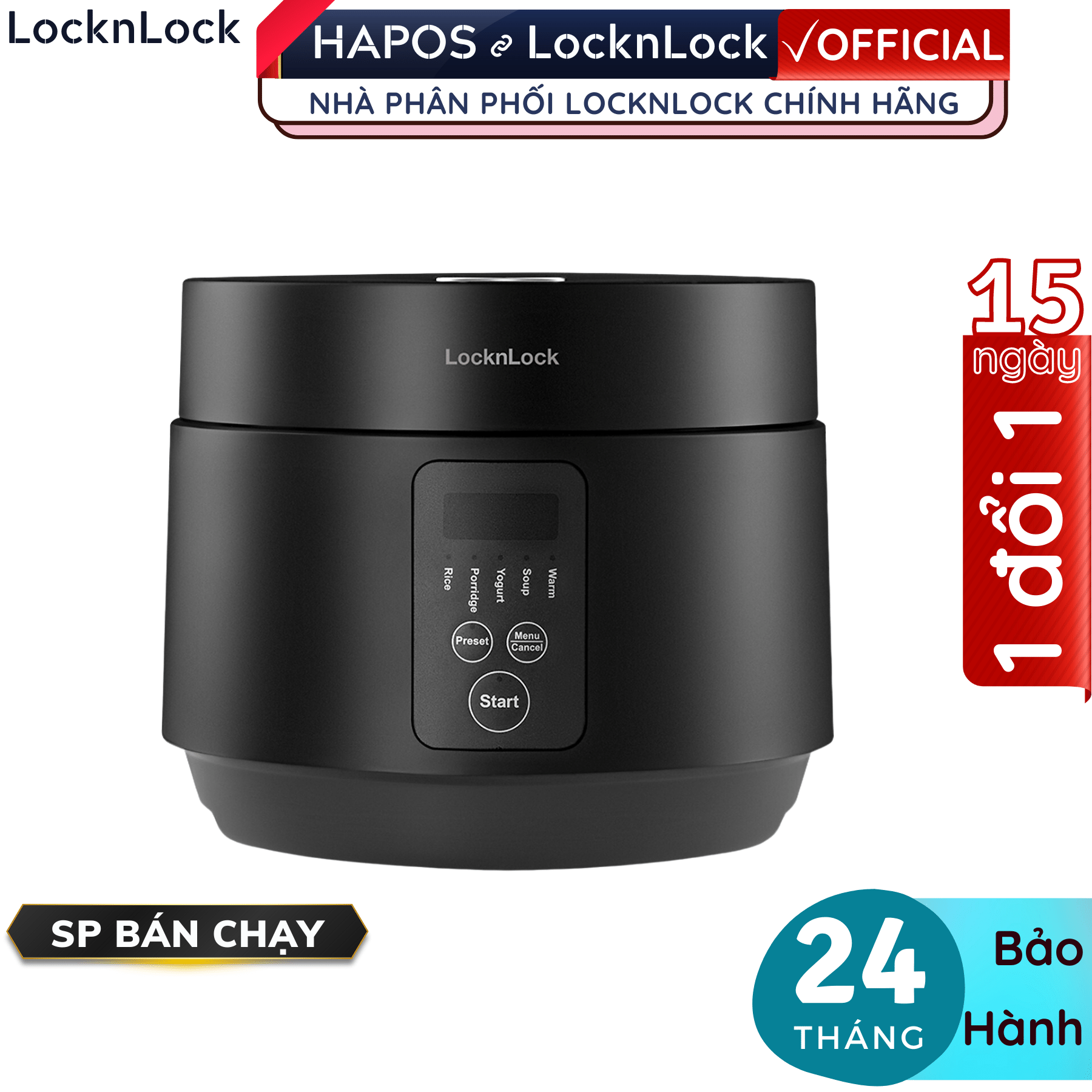 Nồi cơm điện LocknLock Compact Rice Cooker 1.2L màu đen EJR346BLK có 5 chế độ nấu đa năng - Hàng chính hãng - Hapos