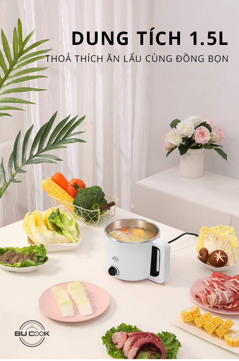 Nồi Lẩu Mini Cầm Tay, Nồi Nấu Đa Năng Dung tích 1.5L công suất 900W BUCOOK model BNP6868 - Hàng chính hãng