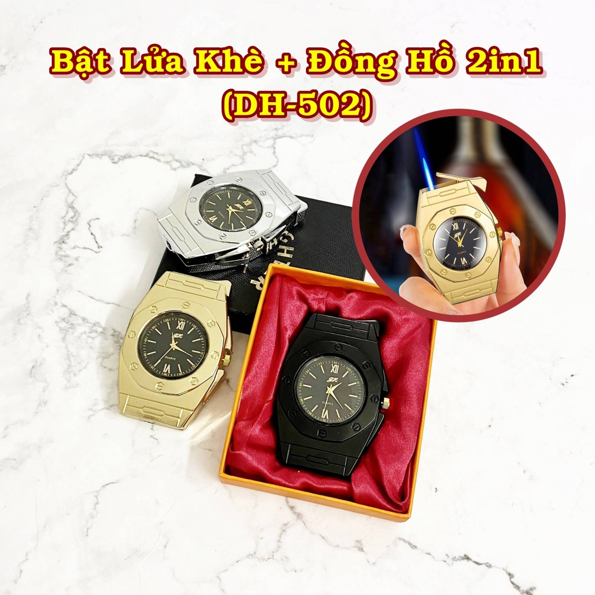 Hột quẹt bật lửa khè đồng hồ 2IN1 DH501 kim loại - xài gas