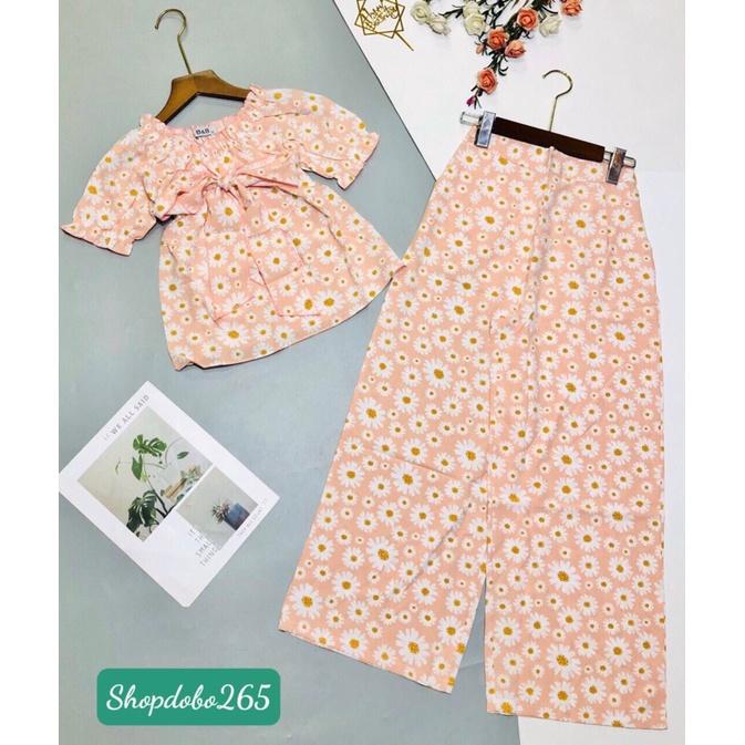 Set đồ nữ,đồ bộ nữ,đồ ngủ mặc nhà vải lụa hoa nhí quần ống rộng thời trang.