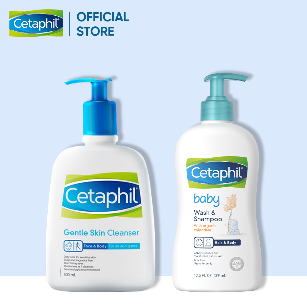 Combo mẹ và bé Sữa rửa mặt làm sạch dịu nhẹ không xà phòng Cetaphil Gentle Skin Cleanser 500ml + Sữa tắm gội dịu nhẹ cho bé Cetaphil Baby Wash &amp; Shampoo with Organic Calendula 400ml