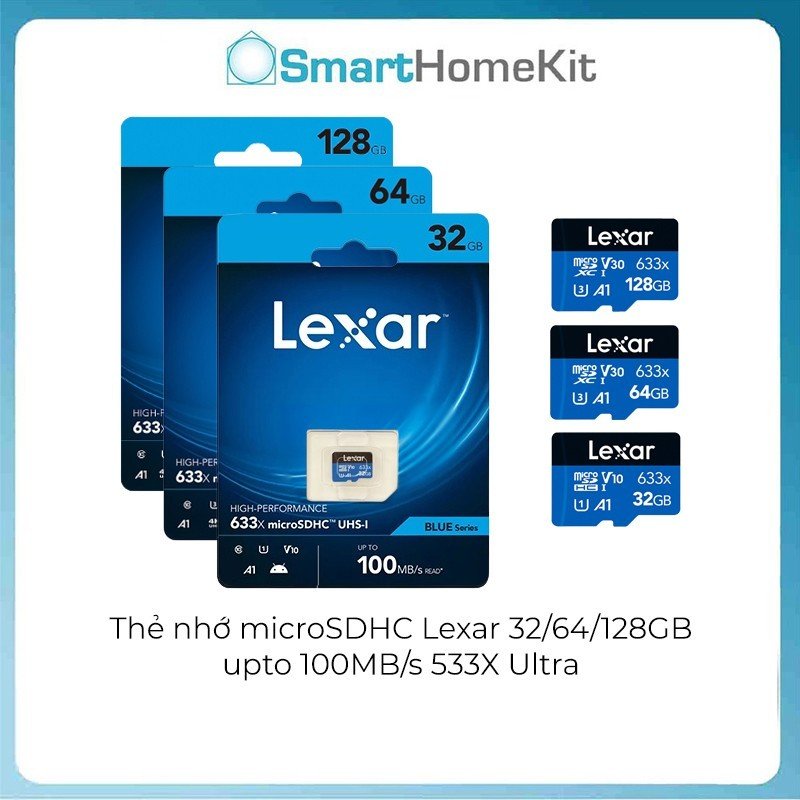 Thẻ nhớ MicroSD Lexar 32/64/128 GB Class 10, U1, V10, A1 633X Tốc Độ 100mb/s - Hàng Chính Hãng