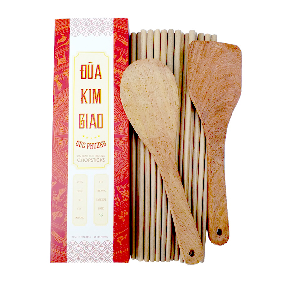 Hôp 10 Đôi Đũa gỗ Kim Giao + 01 Mui xào + 01 Mui cơm