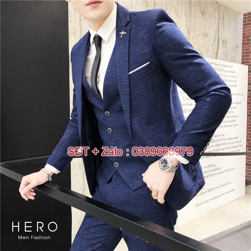 Bộ Vest Nam Cao Cấp Hàn Quốc Kẻ Xanh Than, Bộ Suit Nam thanh niên Kẻ xanh chất vải sịn