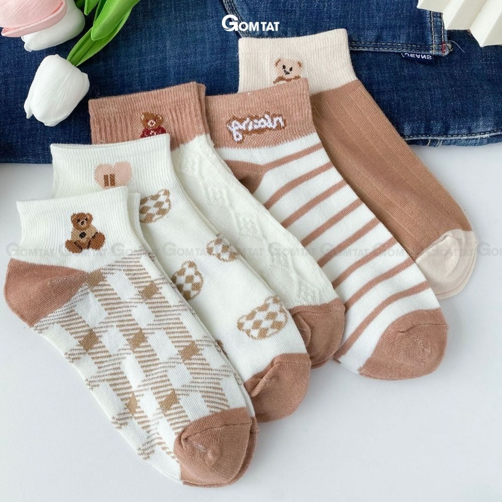 Set 5 đôi tất nữ cổ ngắn GOMTAT họa tiết hình gấu dễ thương, vớ nữ cổ thấp chất liệu cotton mềm mịn thoáng mát êm chân - CB094