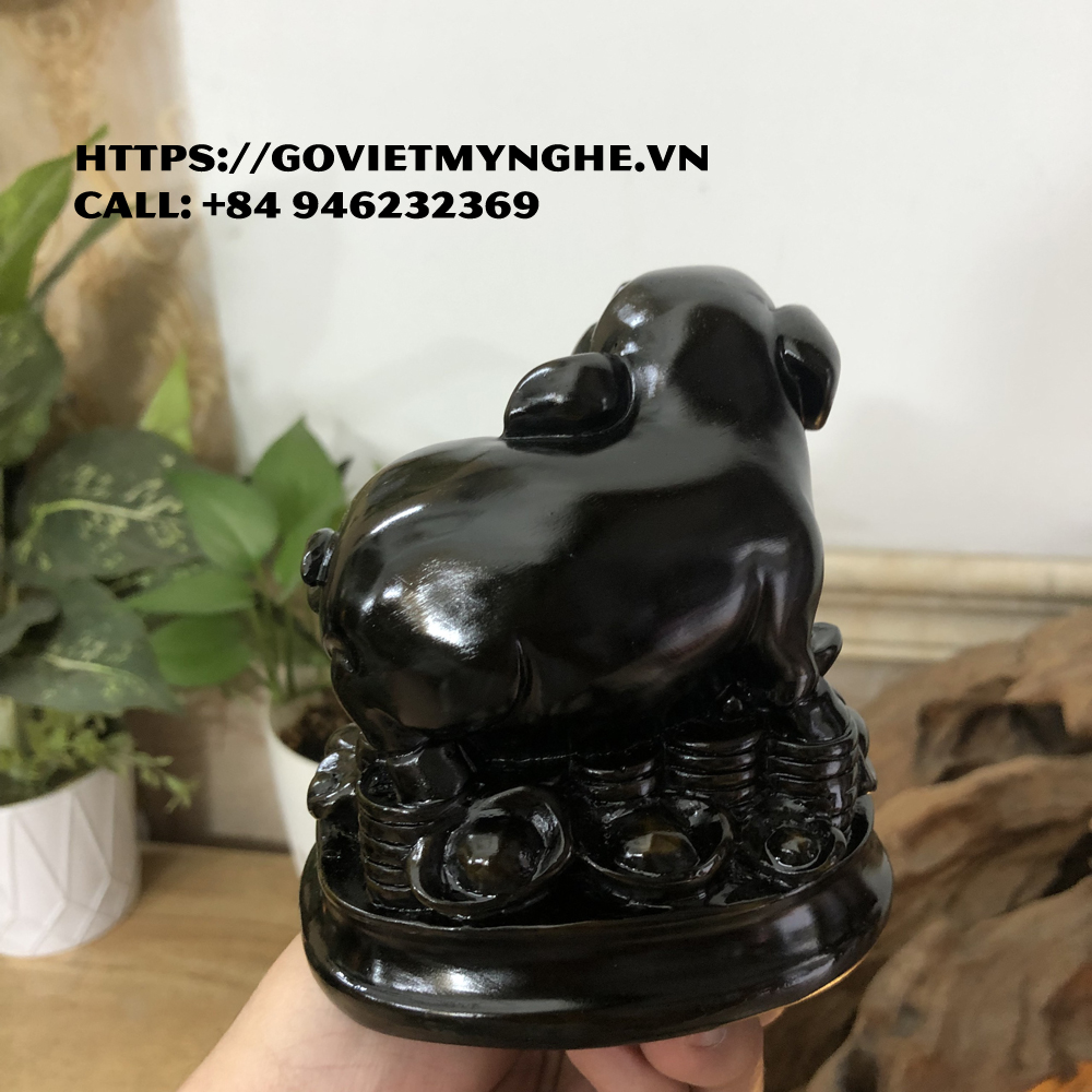 Tượng đá con Heo tượng đá trang trí phong thủy bàn làm việc cho tuổi Hợi - Chiều cao 11cm - Màu nâu đen