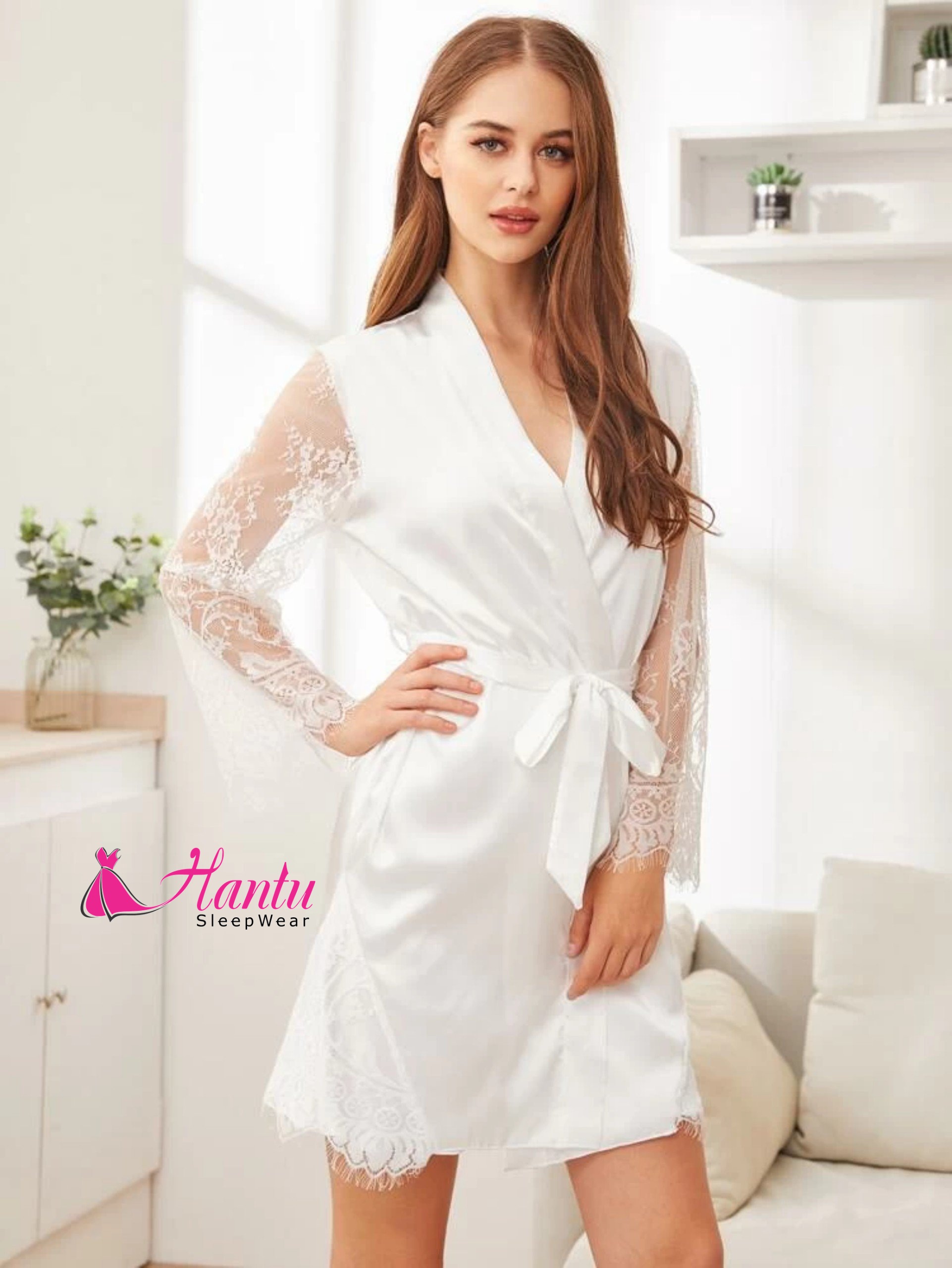Áo choàng cô dâu,Áo choàng ngủ lụa phối ren Hantu Sleepwear Freesize dưới 70kg