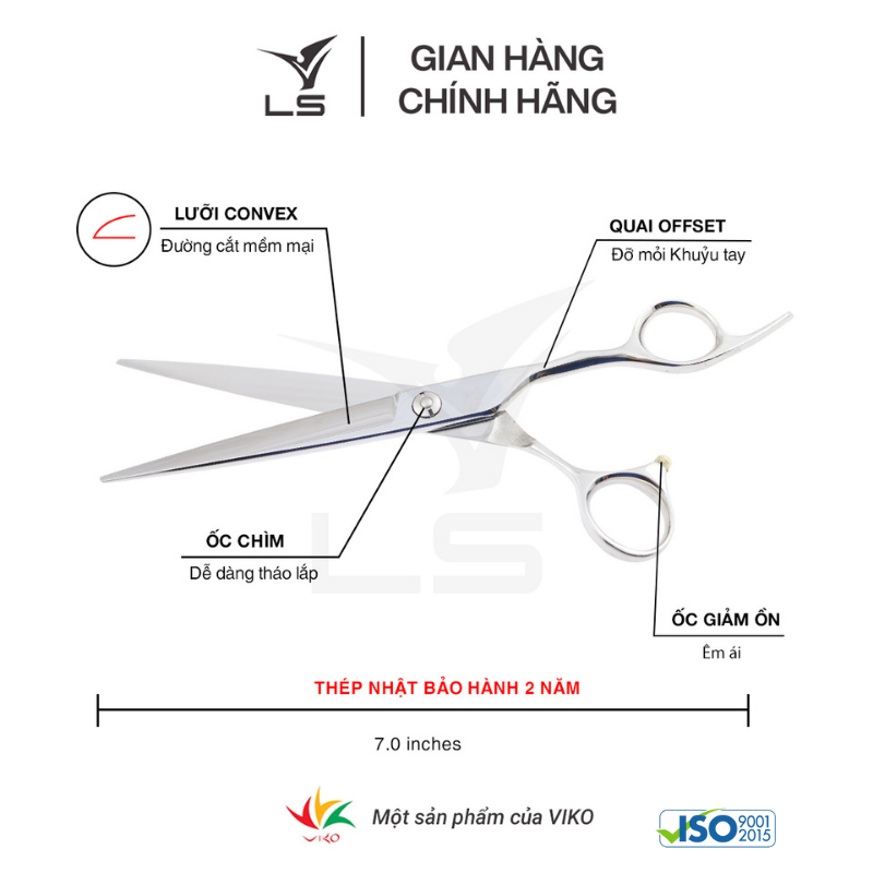 Kéo cắt tóc LS lưỡi thẳng quai offset vênh đỡ ngón cố định CB13/7.0