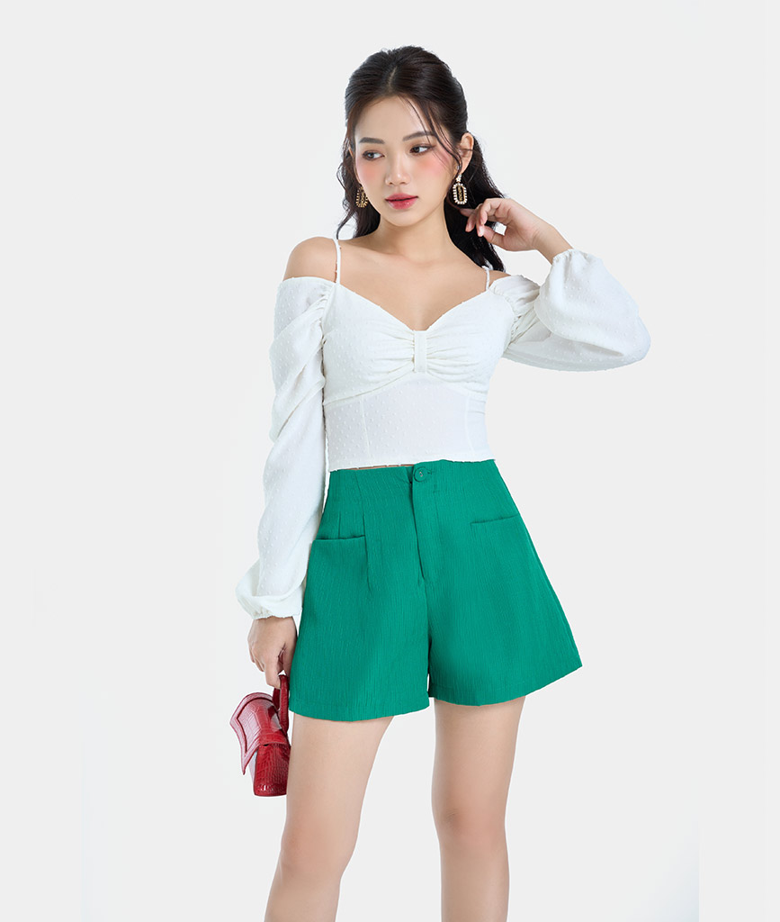 Áo Kiểu Nữ Thời Trang HNOSS Crop Top  Bẹt Vai Tay Phồng HNAKI072