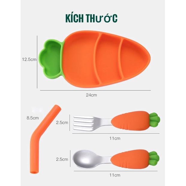 Khay ăn dặm 3 ngăn silicon kèm thìa dĩa tập xúc inox hình cà rốt tặng kèm ống hút cho bé