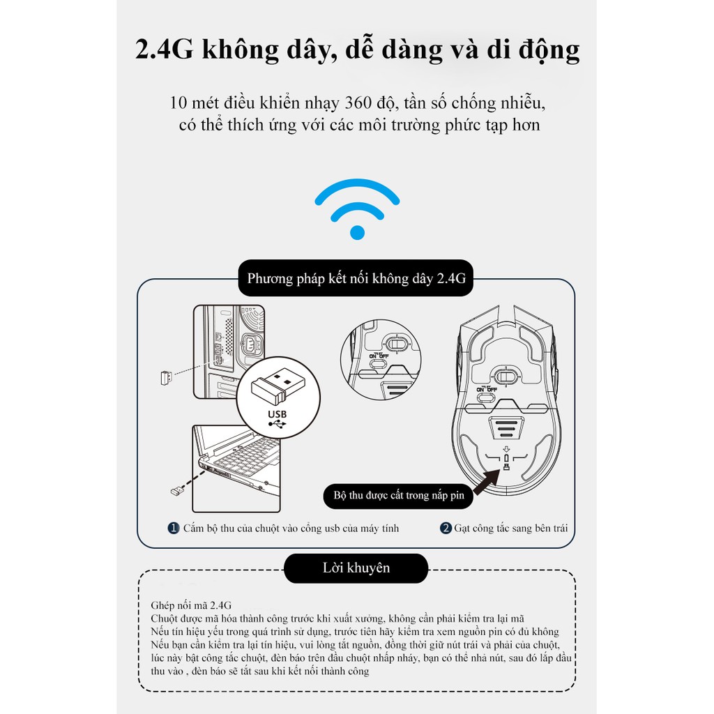 Chuột không dây Newmen E500,kết nối 2.4Ghz,1600DPI,công thái học đối xứng,tuỳ chỉnh trọng lượng -Hàng Chính Hãng, bảo hành 24 tháng