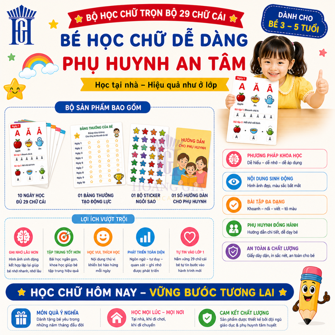 Bộ Học 29 Chữ Cái Cho Bé 3-5 Tuổi | Học Vui Không Áp Lực A4/A5 Có Ảnh Bé - Hoàng Gia Edu