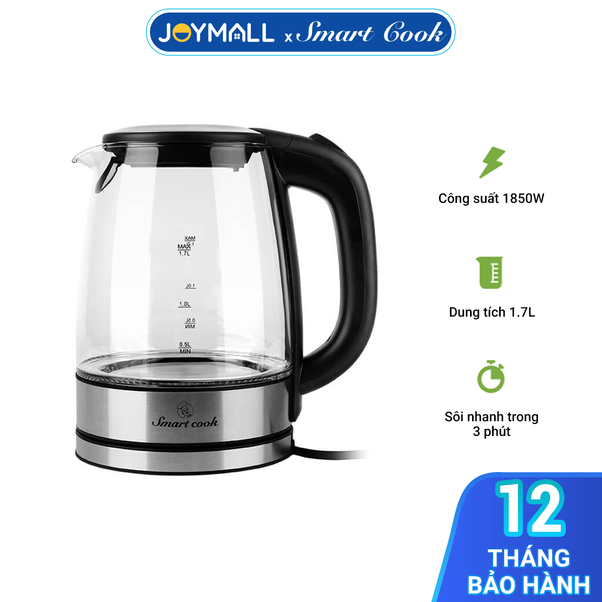 Ấm Đun Siêu Tốc Thủy Tinh Elmich Smartcook ICS-3859 1,7L 1850W, Hàng Chính Hãng, Tự Ngắt - Joymall