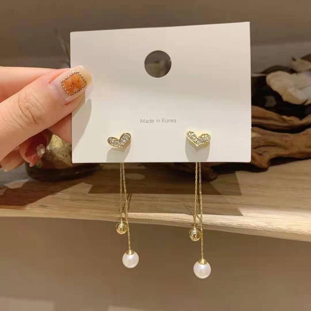 Bông Tai Dài Hình Trái Tim Đính Đá Hàn Quốc Siêu Sang Mainia Shop