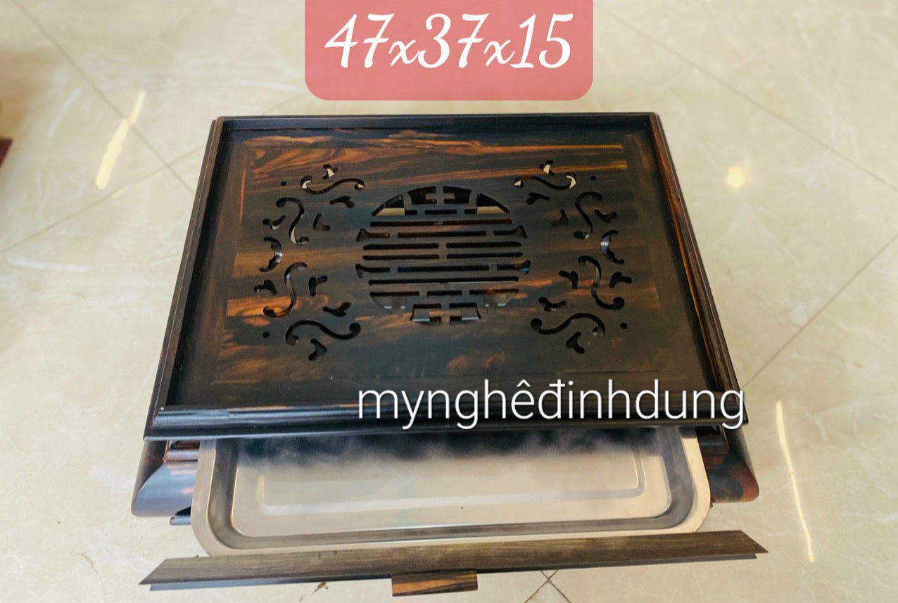 Khay  để bộ ấm chén trà  trang trí bàn uống nước bằng gỗ mun hoa kt 47x37x15cm