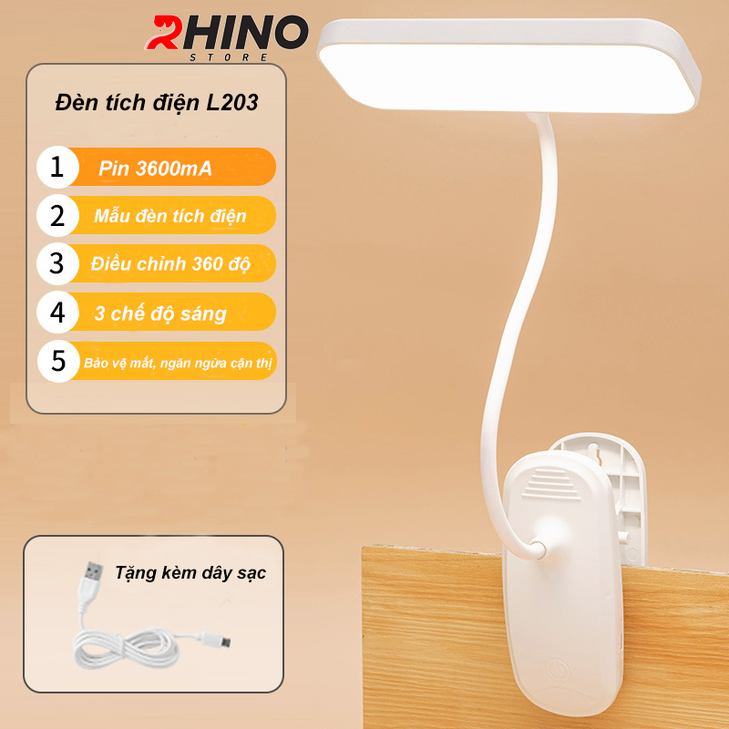 Đèn học LED gắn kẹp bảo vệ mắt chống cận cảm ứng Rhino L203, tích điện đa năng làm việc, để bàn học