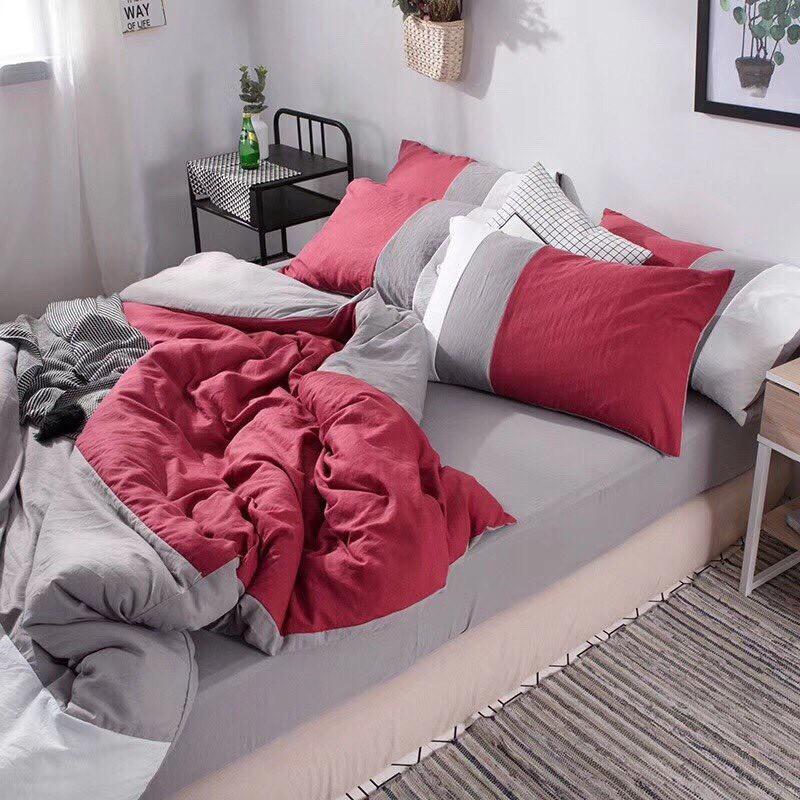 Bộ chăn ga cotton đũi cao cấp nhập khẩu Hàn Quốc pha màu 4 món chất mát lạnh