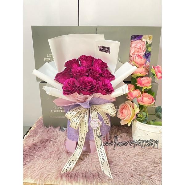 Bó hoa nhũ kim tuyến 10 bông kèm túi và thiệp, quà tặng sinh nhật, 20/10,20/11, 14/2 và 8/3