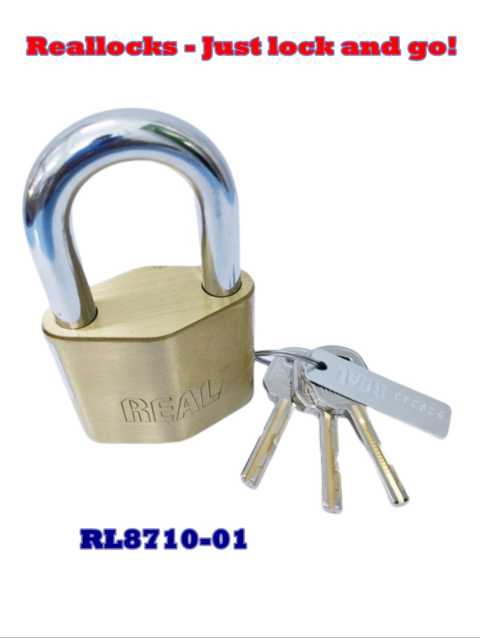 RL8710-01 Khóa treo Real hình thoi 55mm bằng đồng thau sơn bóng màu thau, chống cưa, chống trộm