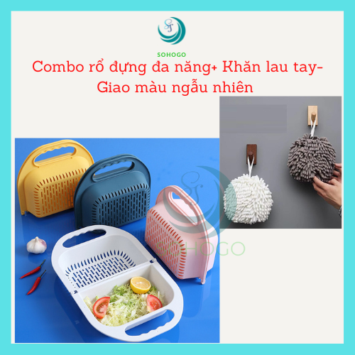 Combo rổ 2 ngăn gấp gọn đa năng+ Khăn lau tay san hô-Giao màu ngẫu nhiên