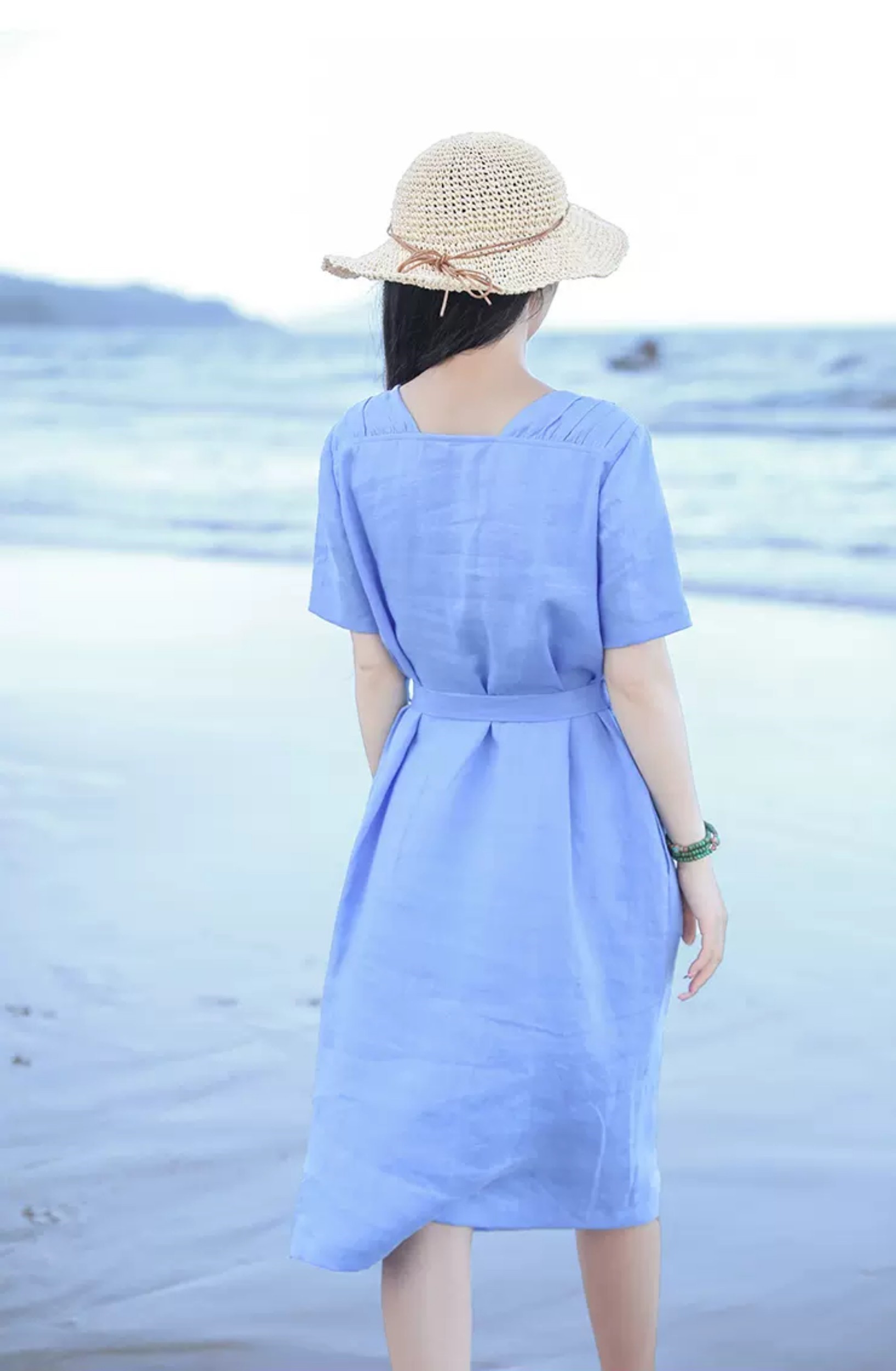 Đầm Linen suông form rộng cổ tròn ngắn tay kèm dây thắt eo, chất linen mềm mát mặc đi chơi, đi biển Đũi Việt DV209
