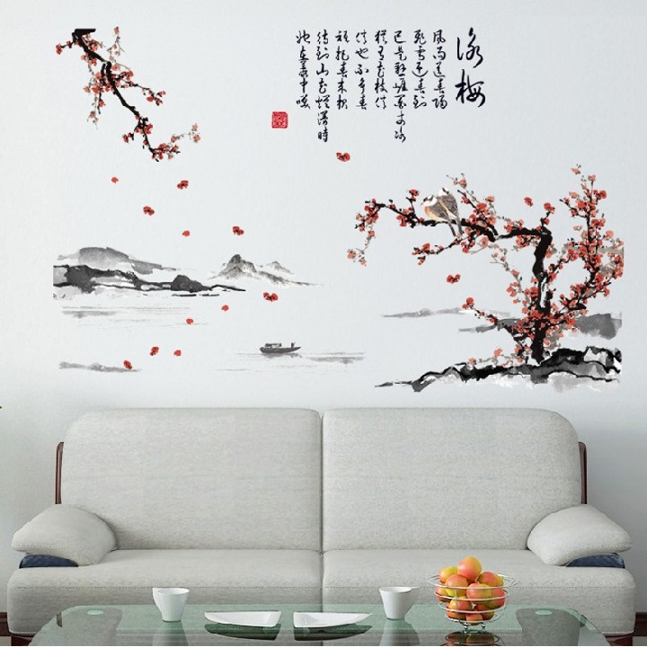 Decal dán tường nghệ thuật chim khổng tước và hoa đào nở