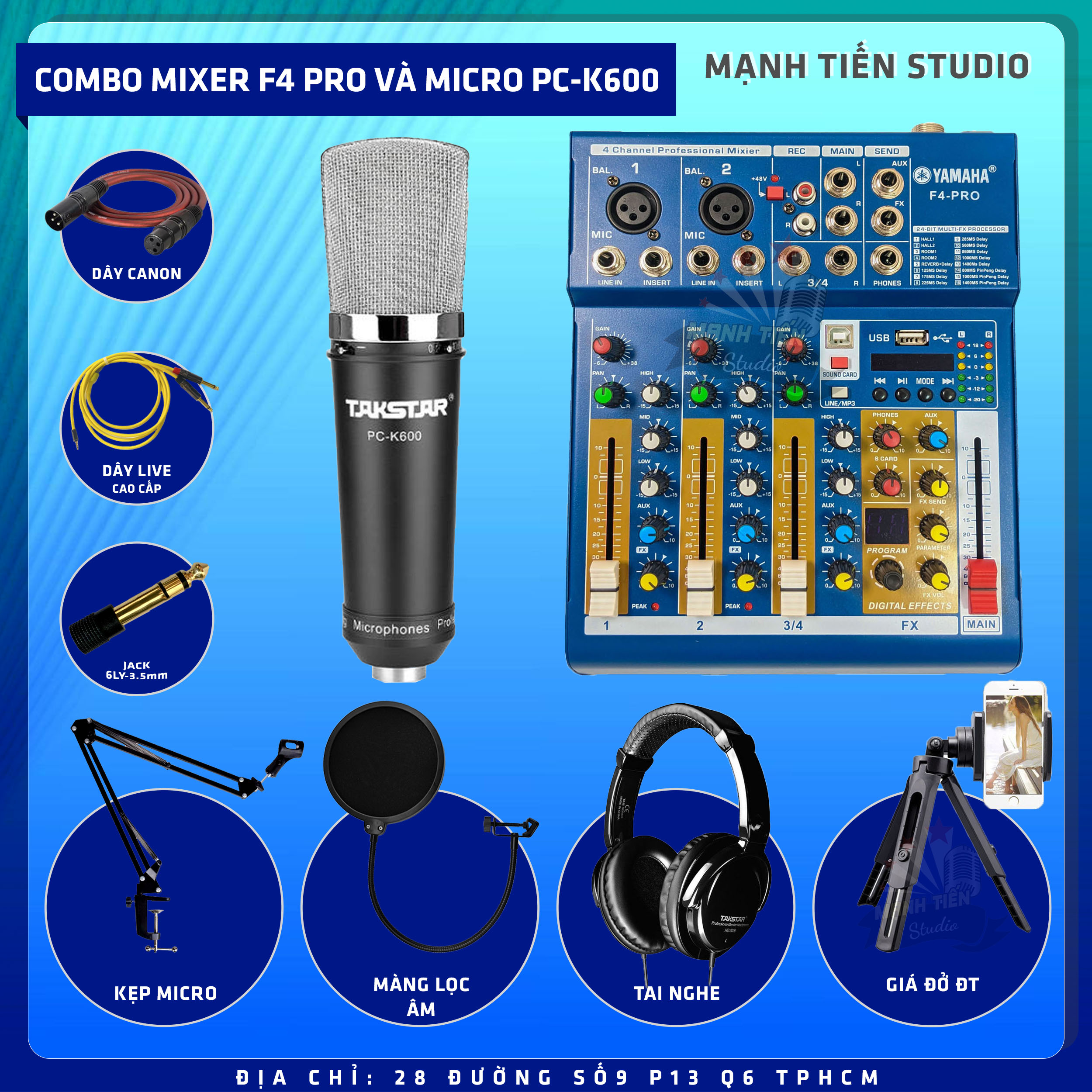 Combo thu âm, livestream Micro TakStar PC-K600, Mixer Yamaha F4 Pro - Kèm full phụ kiện tai nghe kiểm âm Takstar HD2000, kẹp micro, màng lọc, dây canon, dây livestream, giá đỡ ĐT - Hỗ trợ thu âm, karaoke online chuyên nghiệp - Hàng nhập khẩu