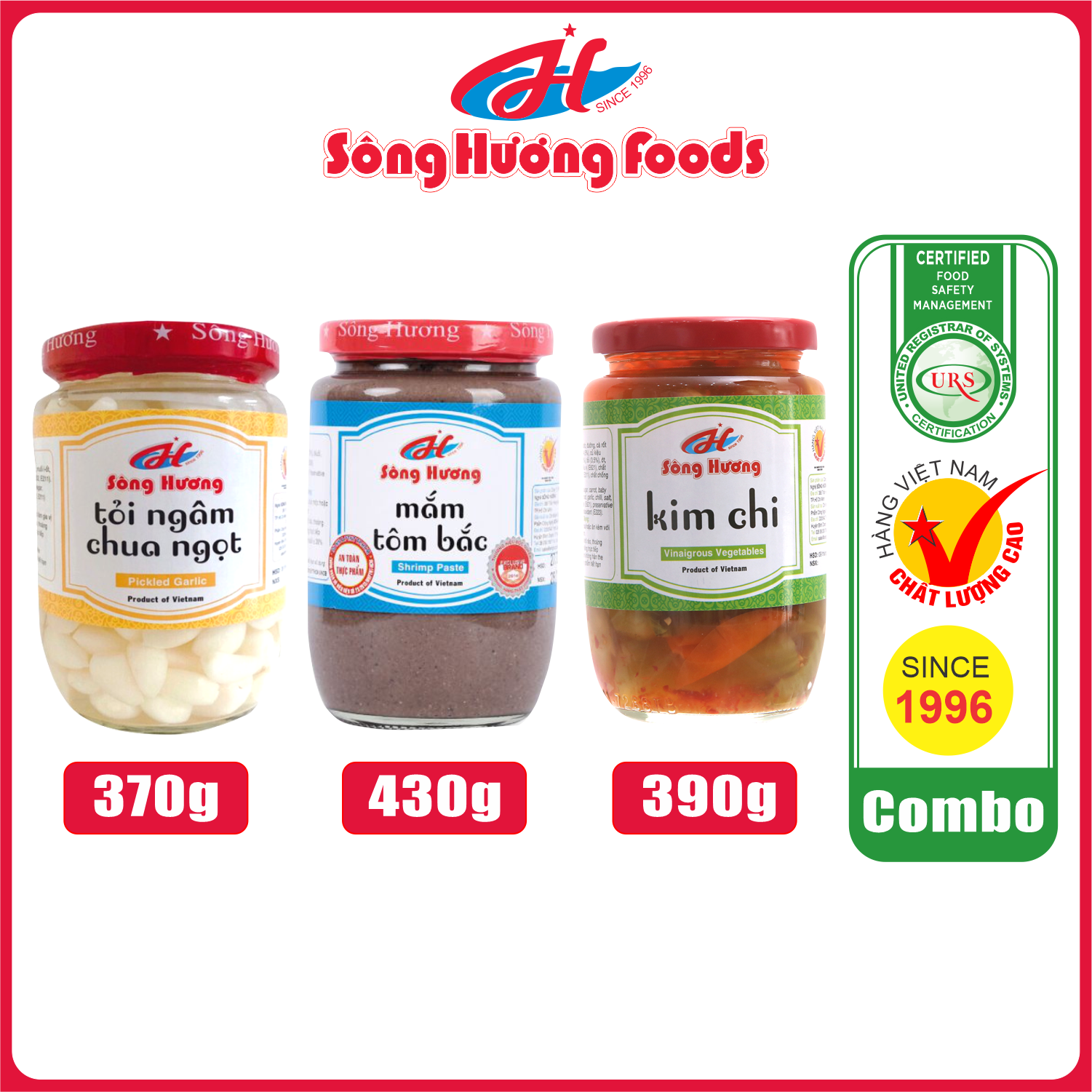 Combo 1 Hũ Tỏi Ngâm Chua Ngọt 370g + 1 Hũ Mắm Tôm Bắc 430g + 1 Hũ Kim Chi 390g Sông Hương Foods