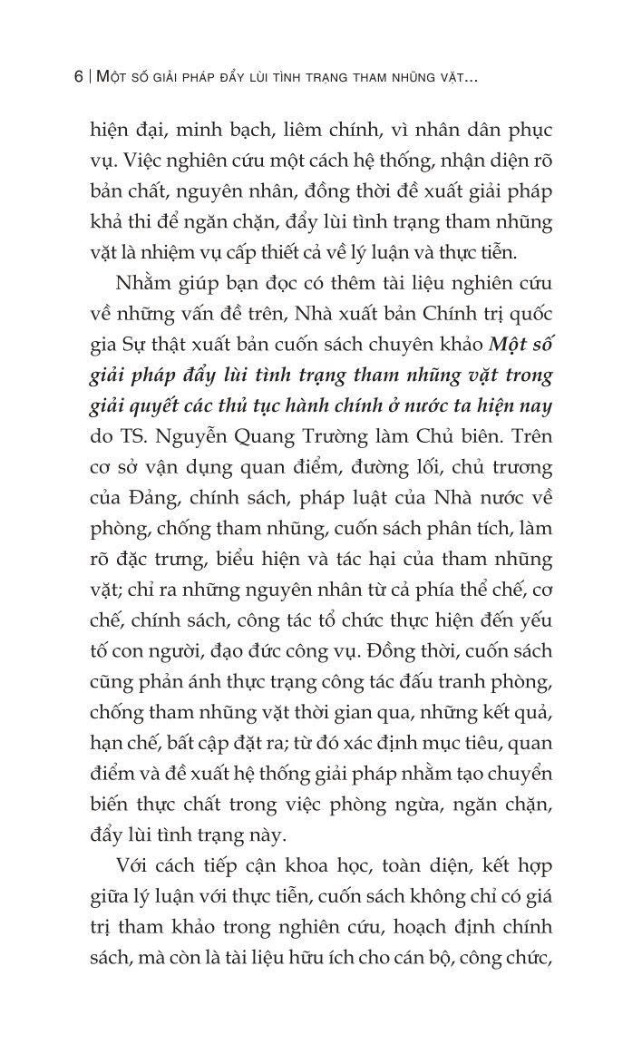 Một số giải pháp đẩy lùi tình trạng tham nhũng vặt trong giải quyết các thủ tục hành chính ở nước ta hiện nay (Sách chuyên khảo)